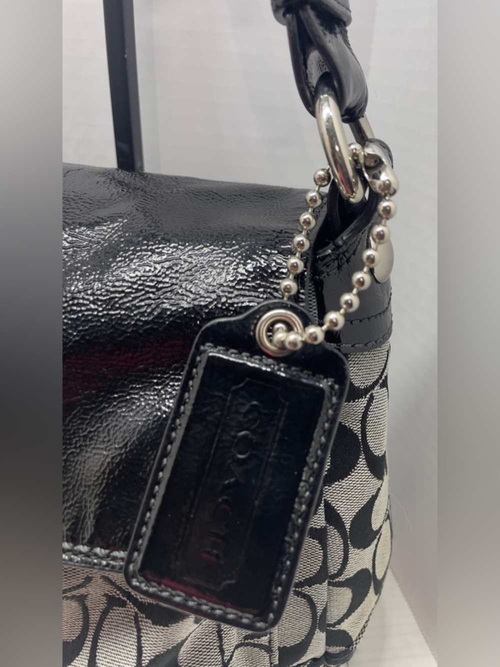 Coach Bleecker 2008 Signature Flap Shoulder Bag 12562 Black Patent Trim, Buckle - Picture 5 of 14